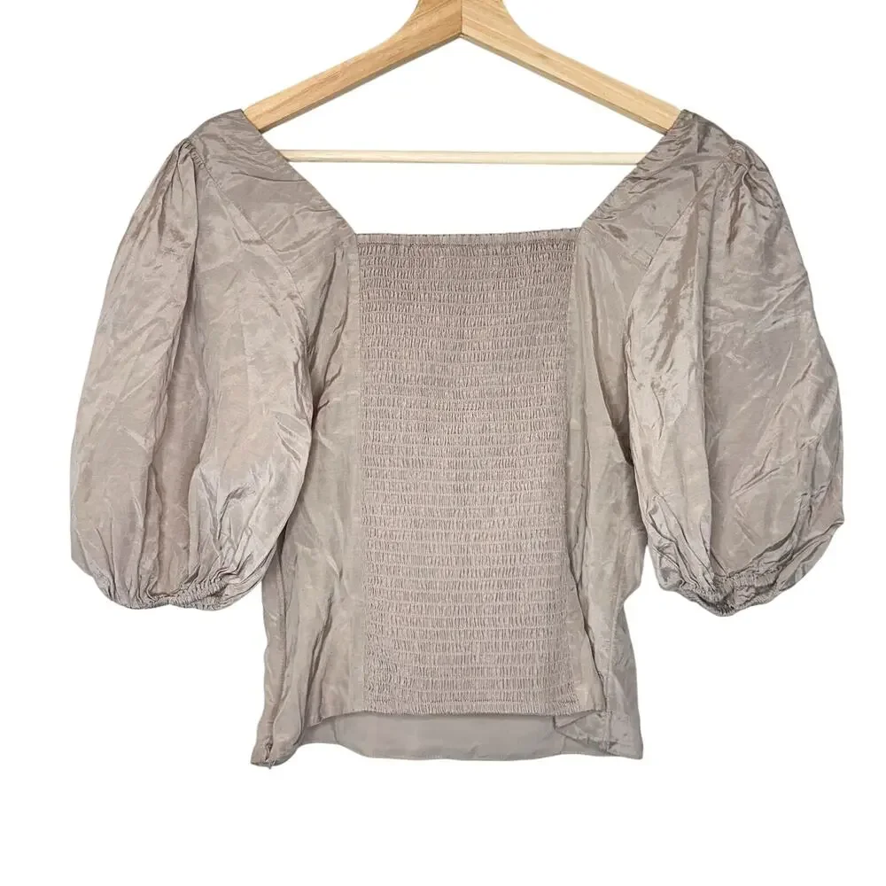 Abercrombie & Fitch Puff Sleeve Shine Cotton Square Neck Top Beige Small Smocked